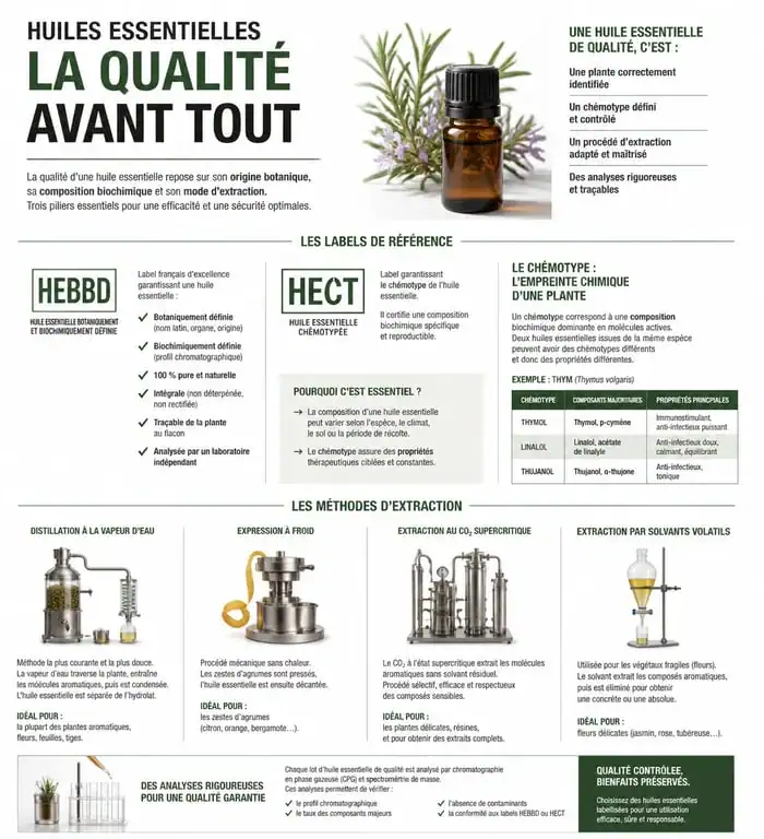 Infographie sur les critères de qualité des huiles essentielles et marques