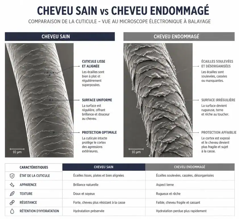 Comparaison microscopique entre un cheveu sain et un cheveu abîmé pour l'analyse capillaire