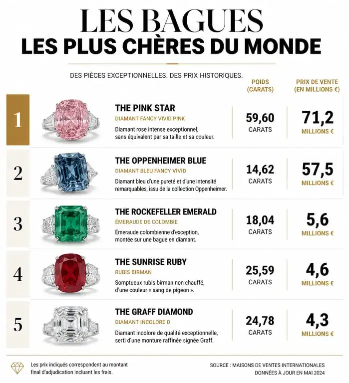 Infographie comparative des bagues les plus chères du monde : prix et carats