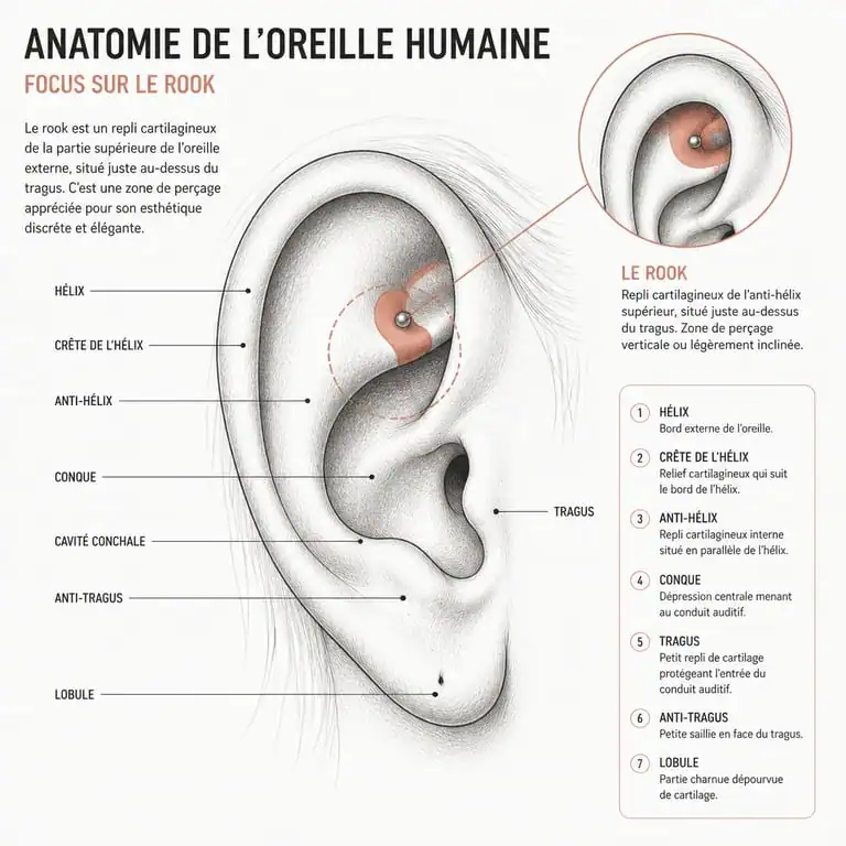 Schéma anatomique illustrant l'emplacement précis du piercing rook sur l'oreille