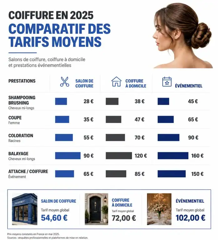 Comparatif des tarifs de coiffure 2025 en salon, à domicile et événementiel