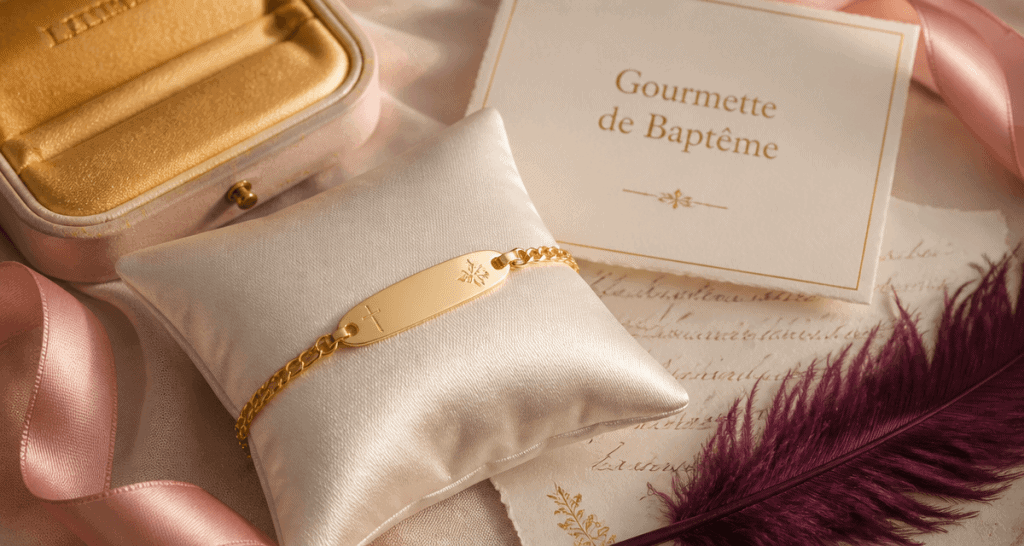 gourmette pour bapteme en or jaune flat lay