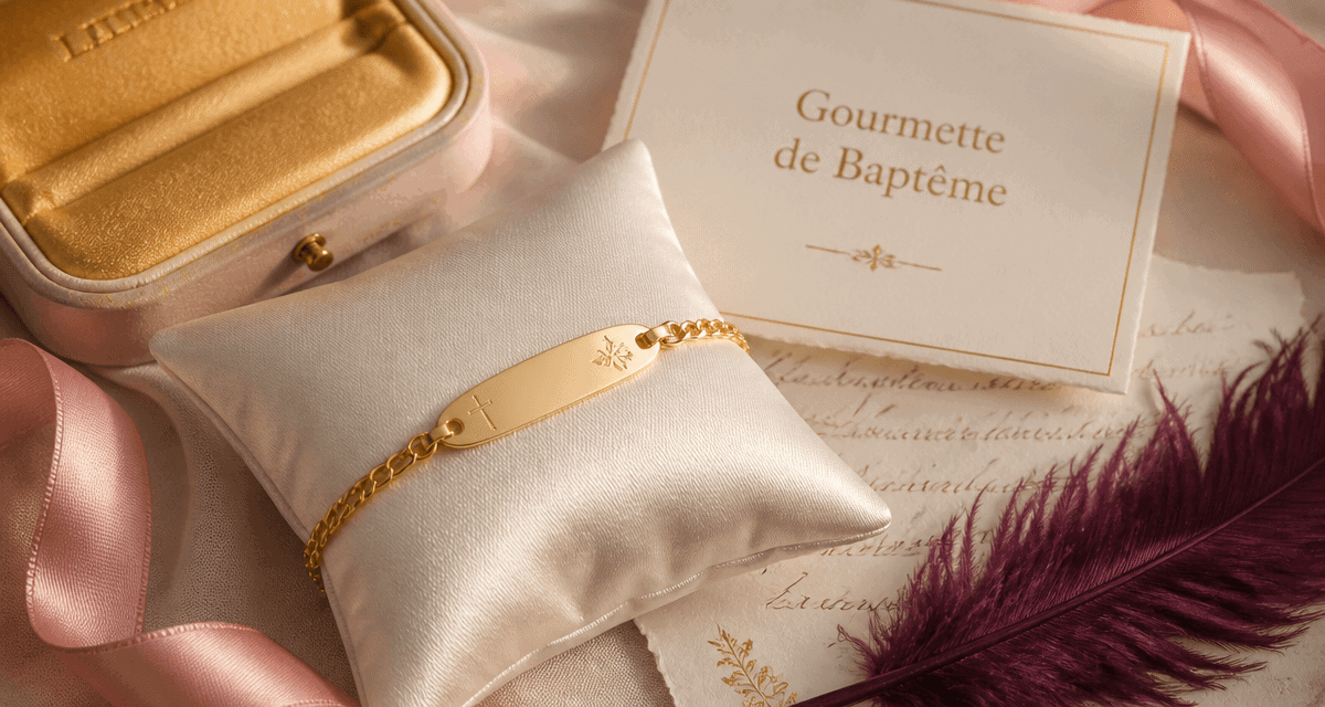 gourmette pour bapteme en or jaune flat lay