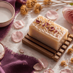 meilleur savon pour visage sur porte-savon bois avec pétales et accessoires