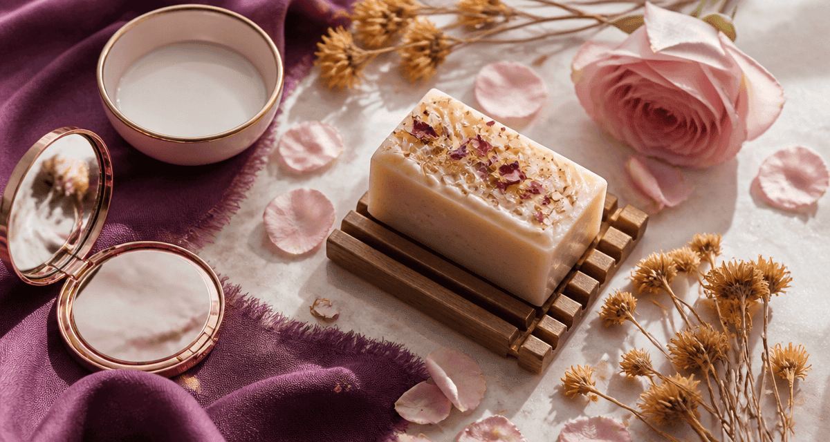 meilleur savon pour visage sur porte-savon bois avec pétales et accessoires