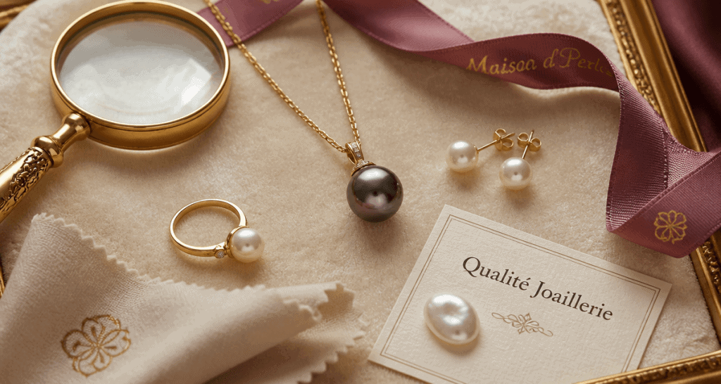 perle de culture en pendentif, plateau velours, bijoux luxe