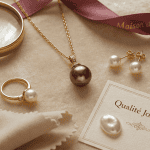 perle de culture en pendentif, plateau velours, bijoux luxe