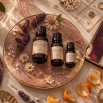 quelle huile essentielle pour le stress et l'anxiété, flacons, fleurs, carnet