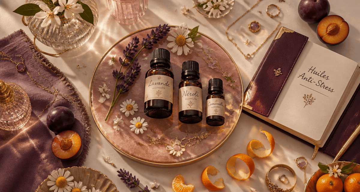 quelle huile essentielle pour le stress et l'anxiété, flacons, fleurs, carnet