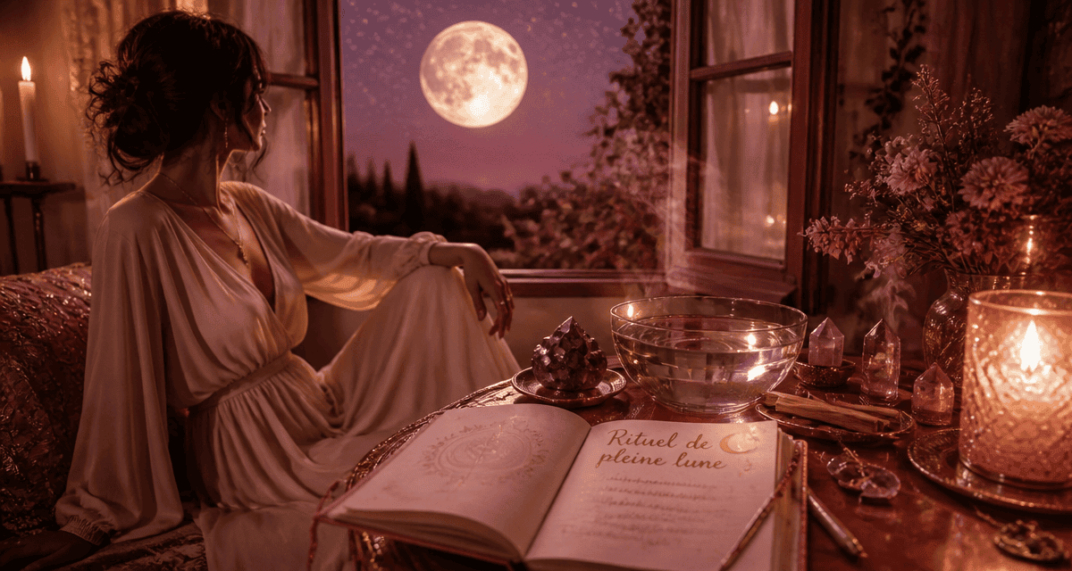 Femme réalisant un rituel pleine lune près d'un autel