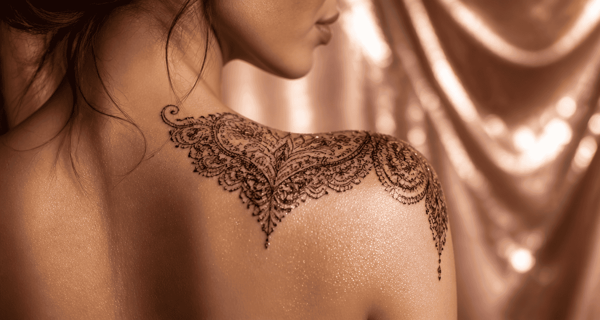 tatouage épaule femme dentelle ornemental noir prune