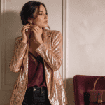 tenue paillette femme blazer sequins rose gold