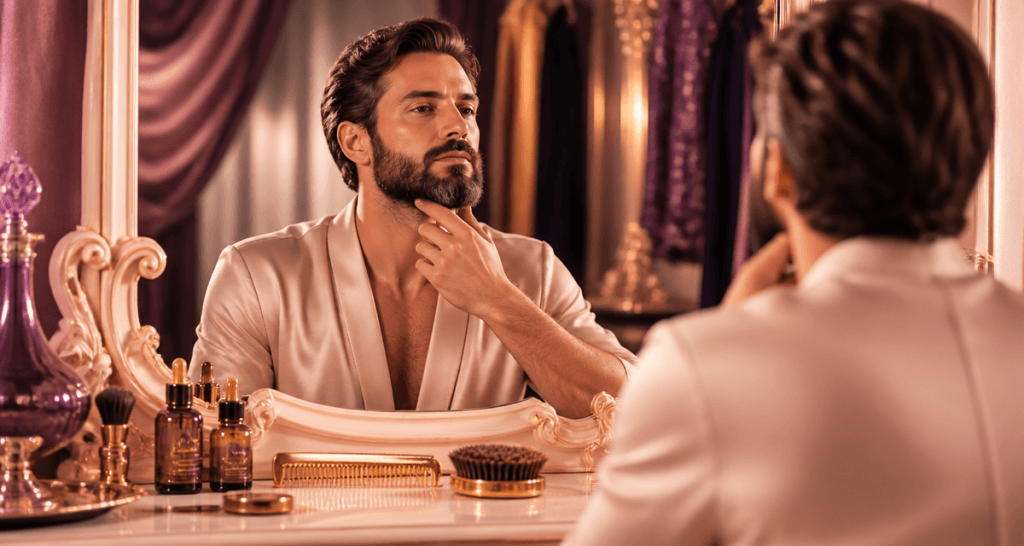 barbe style homme devant miroir vintage