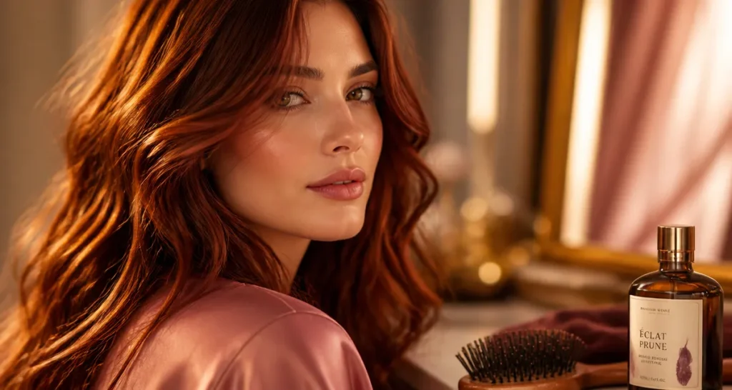Cheveux auburn cuivré : reflets cuivrés solaires en gros plan