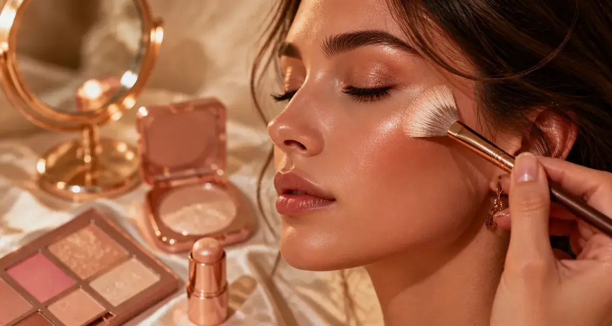 Comment appliquer highlighter : main appliquant un highlighter doré sur les pommettes