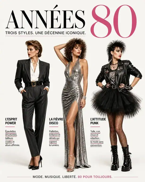 Trois styles emblématiques de la robe année 80 : power dressing, disco et punk.