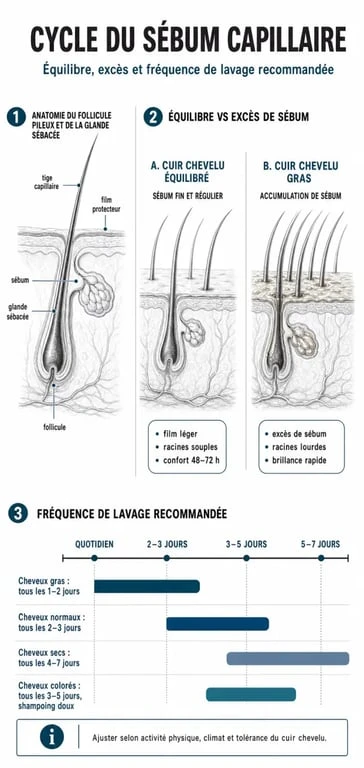 Infographie sur la fréquence de lavage des cheveux selon le type de cuir chevelu et le cycle du sébum