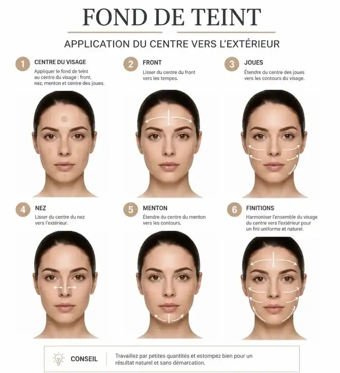 Schéma illustrant comment appliquer le fond de teint du centre vers l'extérieur du visage
