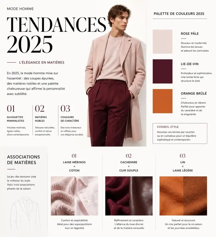 Tendances look homme 2025 : palette de couleurs et associations de matières pour un style moderne