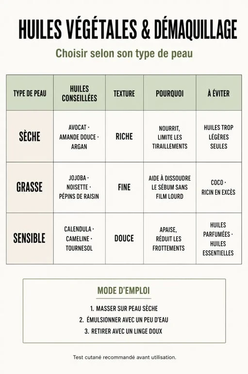 Infographie des meilleures huiles végétales pour se démaquiller sans démaquillant selon son type de peau