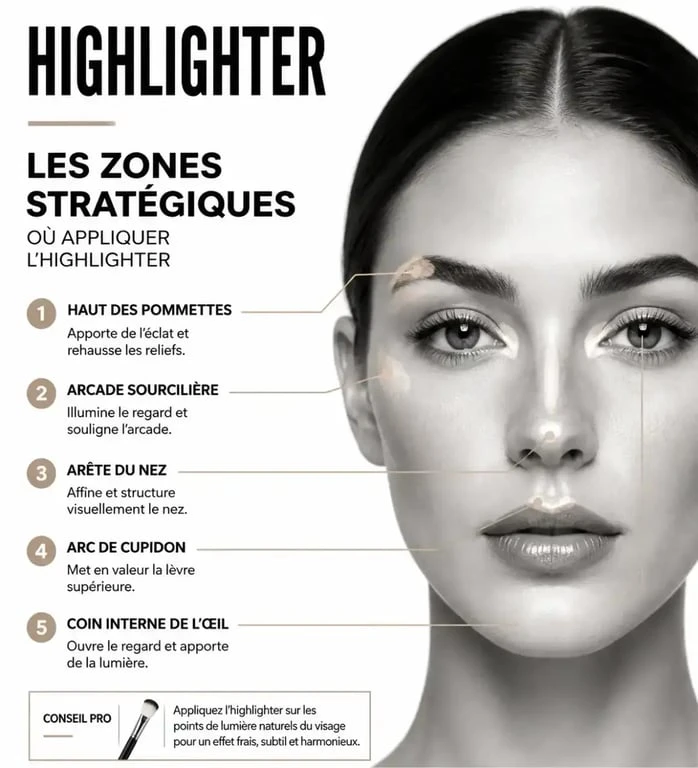 Infographie des zones stratégiques pour appliquer son highlighter sur le visage