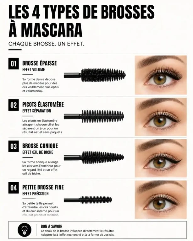 Infographie comparative des types de brosses pour choisir le mascara idéal selon le résultat souhaité