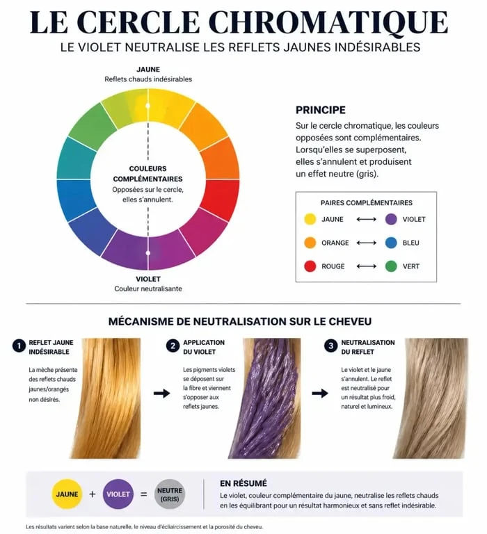Schéma explicatif du fonctionnement du meilleur shampoing déjaunisseur par neutralisation colorimétrique