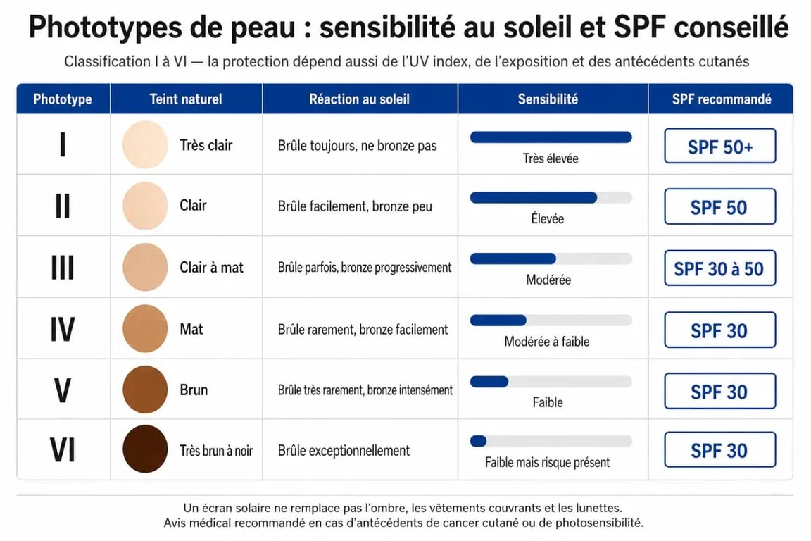 Infographie des phototypes de peau et conseils pour bronzer naturellement sans danger