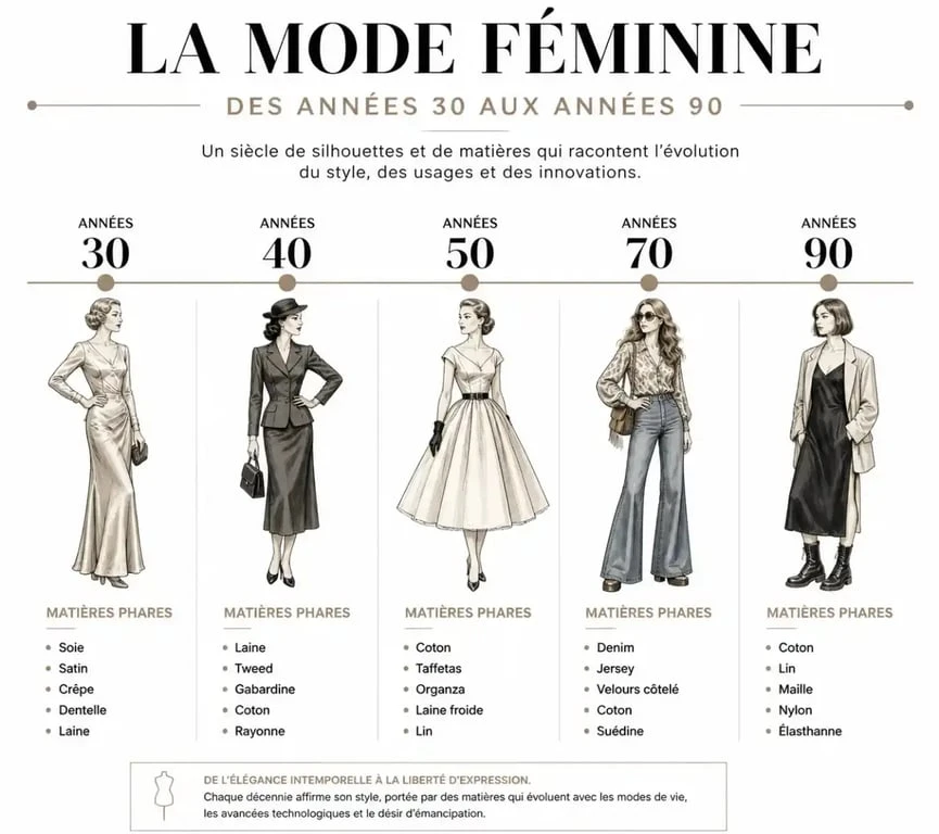 Infographie récapitulative des styles et matières des vêtements vintage femme par décennie