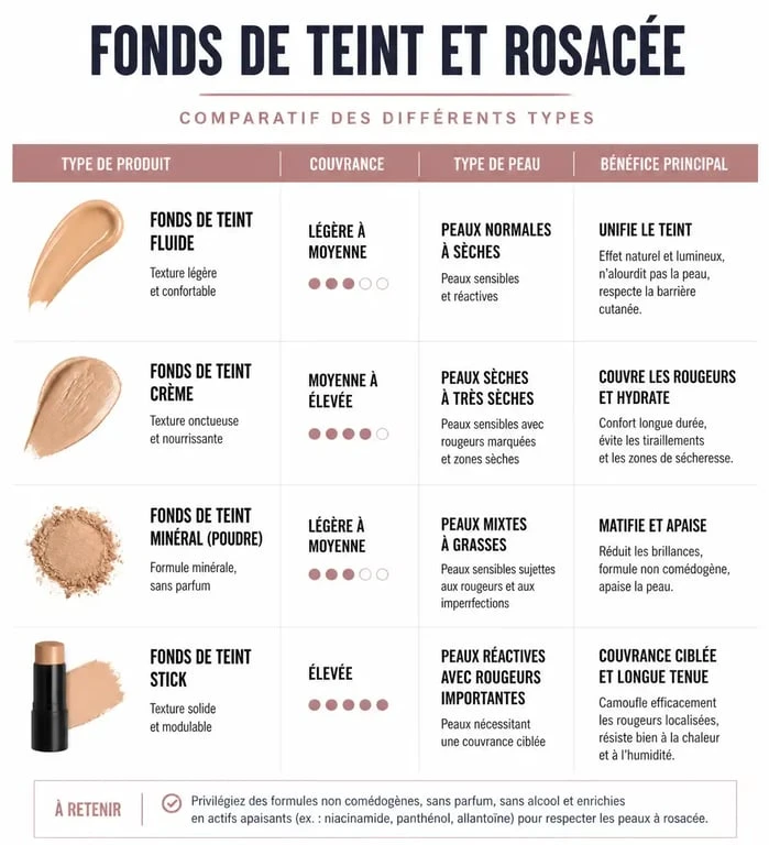 Tableau comparatif des meilleurs fonds de teint pour rosacée : choisir le produit adapté à sa peau sensible.