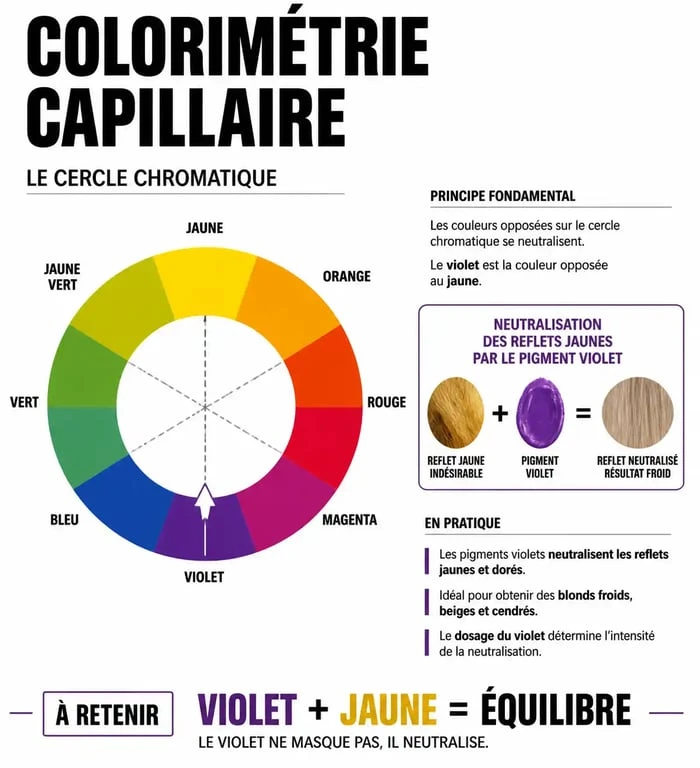 Infographie sur la décoloration cheveux violet et la neutralisation des reflets jaunes