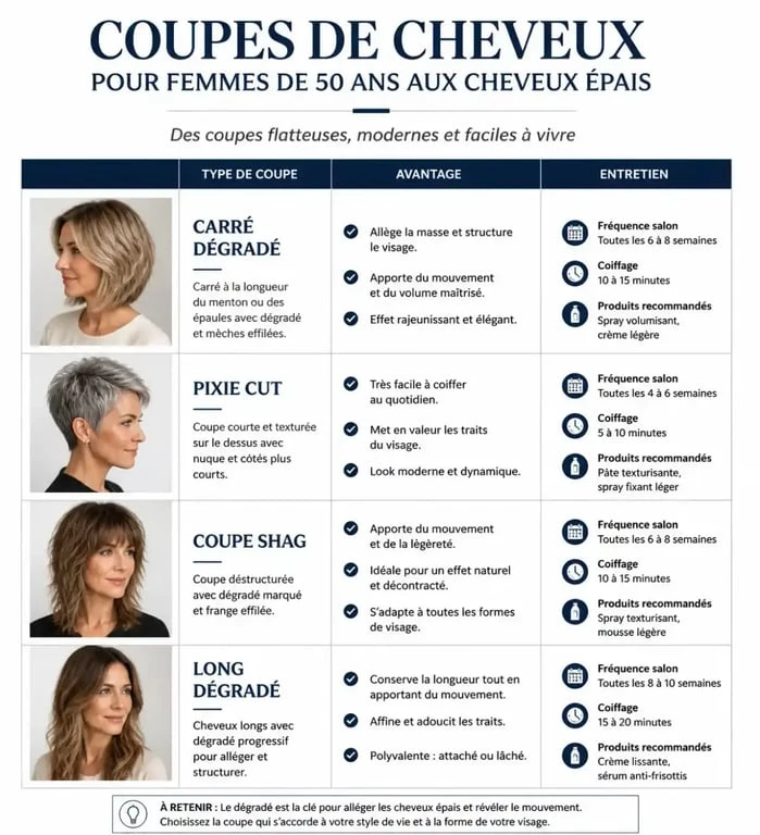 Infographie comparative des meilleures coupes de cheveux pour femmes de 50 ans ayant les cheveux épais