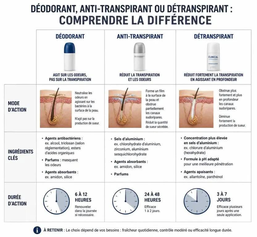 Infographie comparative des types de déodorants pour odeur forte femme : déodorant, anti-transpirant et détranspirant