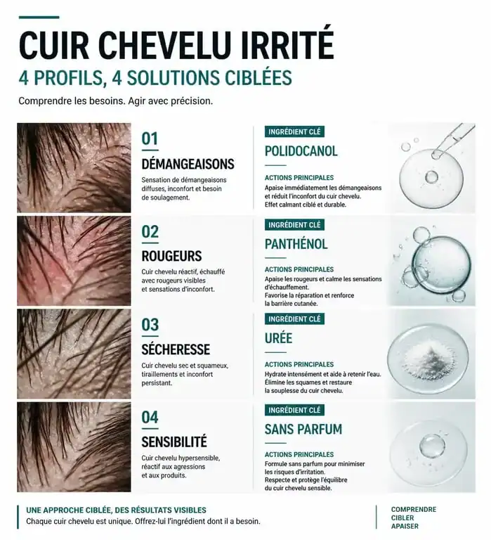 Infographie comparative des solutions pour cuir chevelu irrité : ingrédients clés et actions pour choisir le meilleur shampoing.