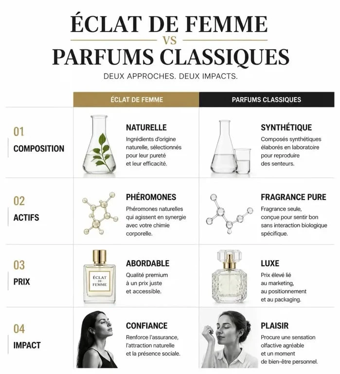 Comparatif des caractéristiques du parfum Éclat de Femme par rapport aux parfums classiques