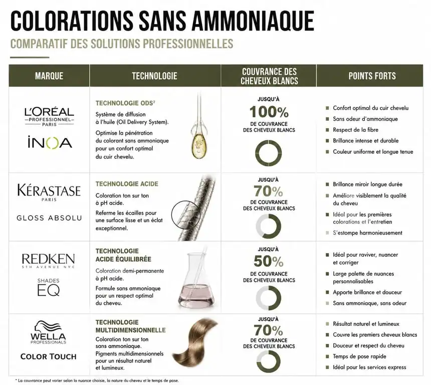Infographie comparative des meilleures colorations cheveux sans ammoniaque : Phyto, Garnier Olia, Herbatint et L'Oréal Casting Crème Gloss.