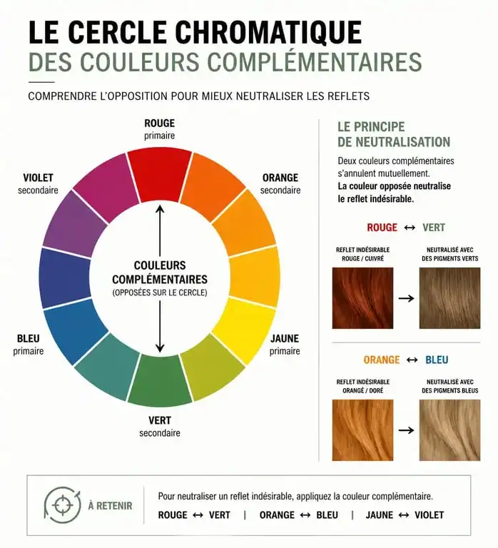 Schéma du cercle chromatique expliquant la neutralisation des reflets rouges dans les cheveux par des pigments verts