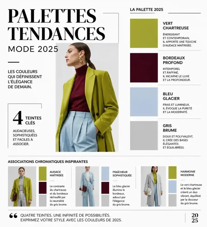 Infographie des tendances mode 2025 : palettes de couleurs et associations chromatiques pour un style affirmé.