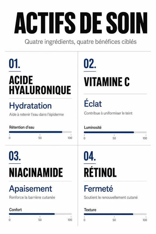 Infographie récapitulative des actifs de sérum pour savoir quel sérum choisir selon son type de peau