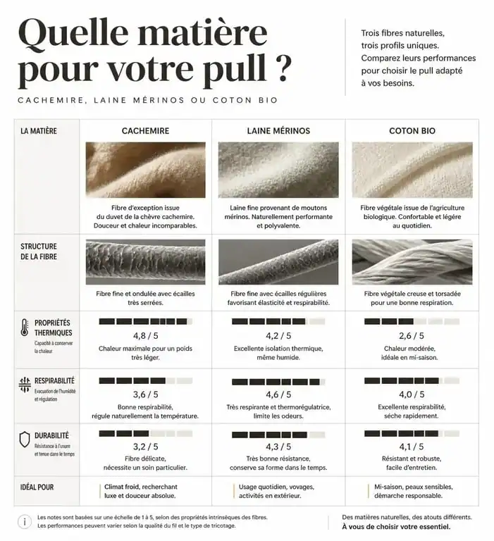 Infographie comparative des matières pour les plus beaux pulls hommes : cachemire, mérinos et coton.