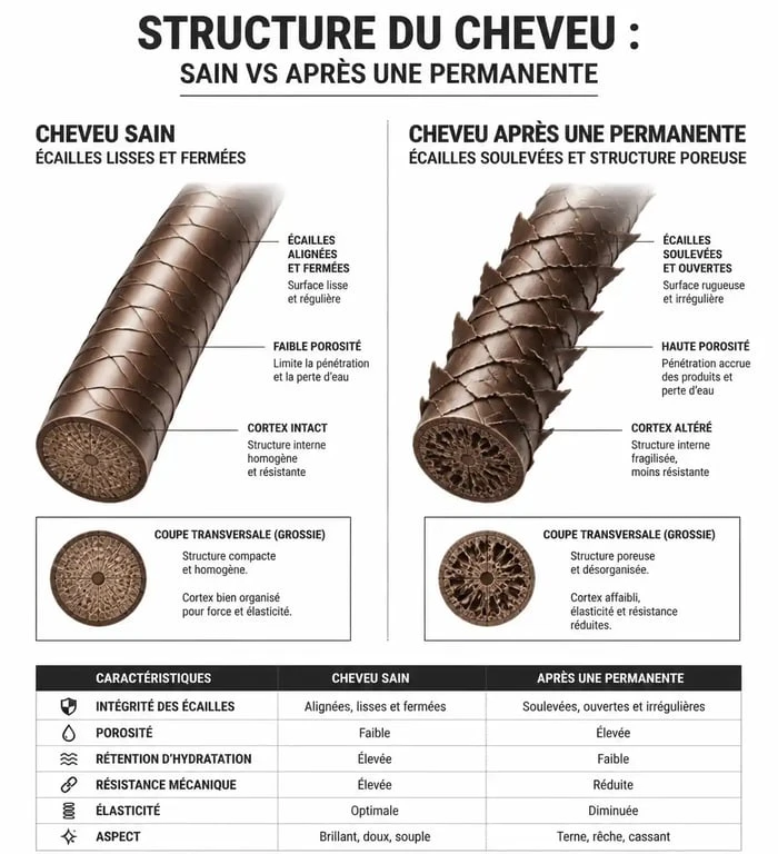 Schéma comparatif de la structure capillaire : cheveu sain vs cheveux paille après permanente
