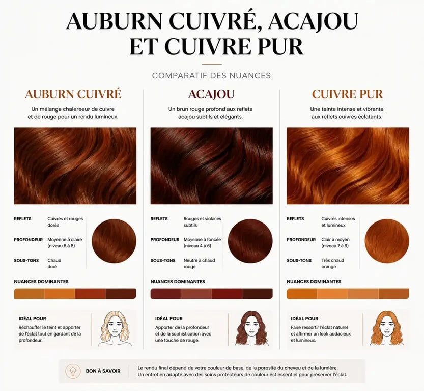 Comparatif des nuances de cheveux auburn cuivré, acajou et cuivre pour choisir sa coloration