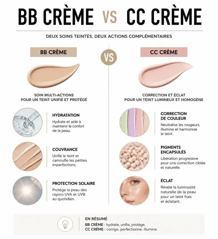 Infographie comparative : différence entre BB crème et CC crème pour choisir le soin adapté à son type de peau
