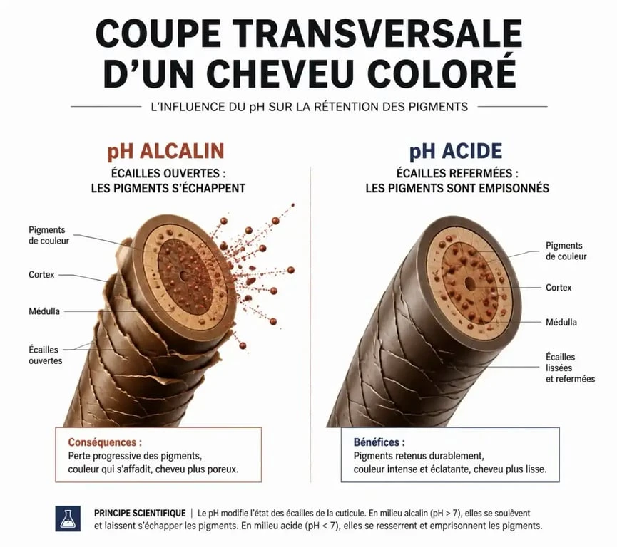 Schéma explicatif du fonctionnement du meilleur shampoing cheveux colorés pour refermer les écailles et protéger la couleur.