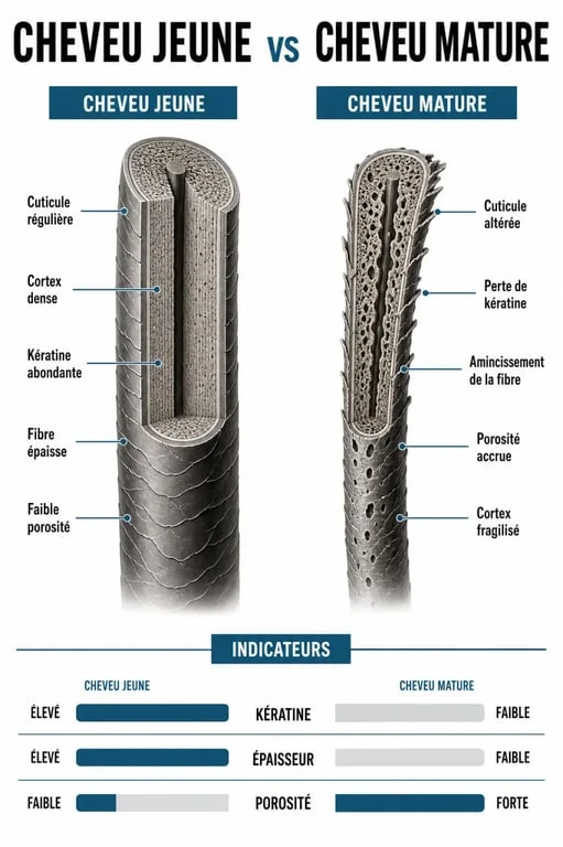 Infographie sur la structure des cheveux matures et les besoins en shampoing adapté
