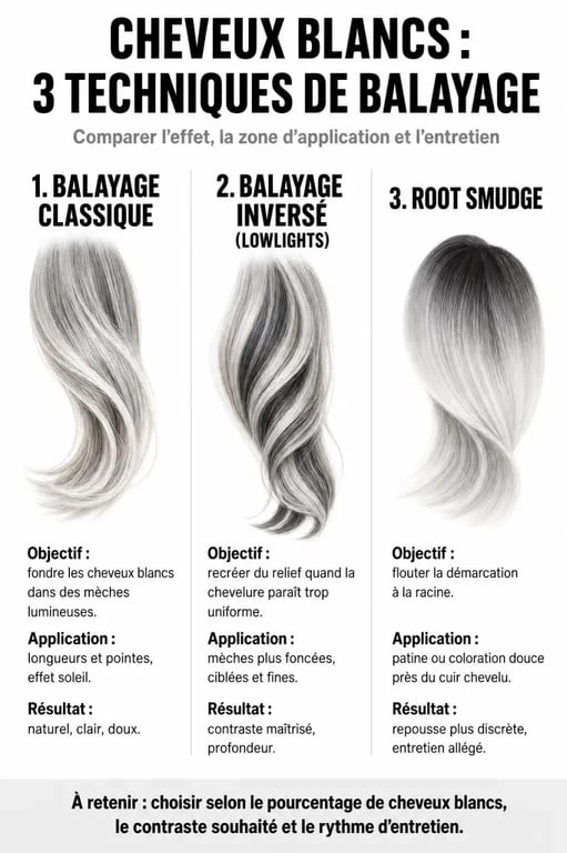 Infographie des techniques de balayage sur cheveux blancs : classique, inversé et root smudge pour un résultat naturel.