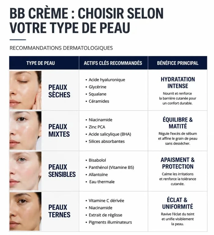 Infographie des recommandations dermatologiques pour choisir sa BB crème selon son type de peau