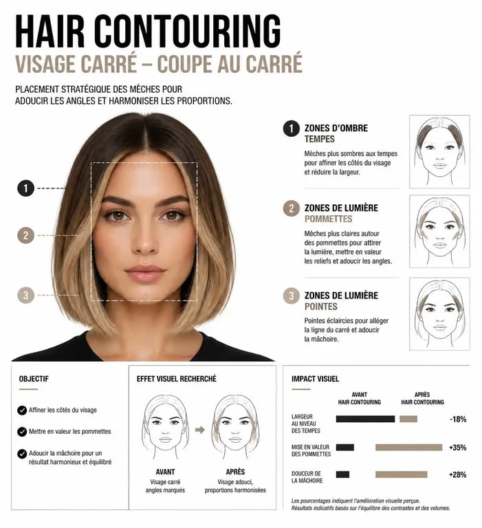 Schéma explicatif du placement du hair contouring sur une coupe au carré pour adoucir un visage carré