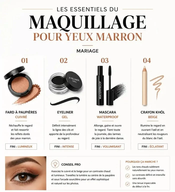 Infographie des produits indispensables pour un maquillage yeux marron pour mariage : fards, eyeliner, mascara et khôl.