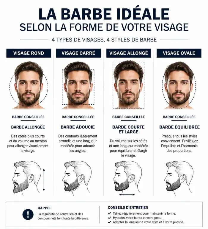 Infographie des styles de barbe homme selon la forme du visage pour choisir sa coupe idéale